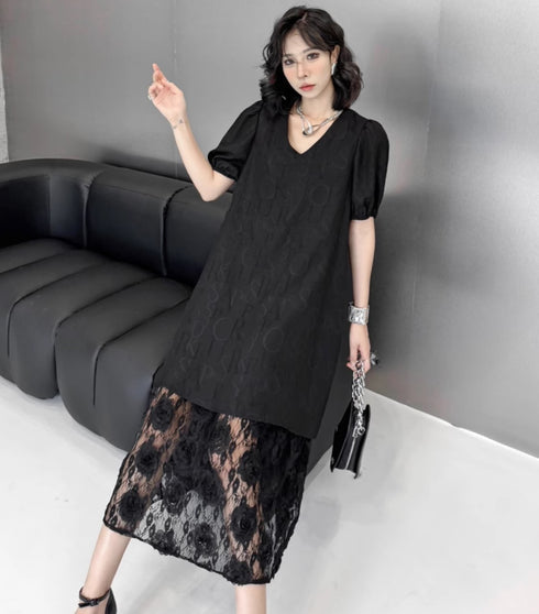 Aラインスカート半袖レース仕様ロングワンピース /レディース モレビー|モード系ファッションブランド