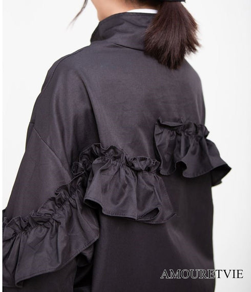 バブルスリーブフリルブルゾン ジャケット 黒 ブラック /レディース モレビー|モード系ファッションブランド