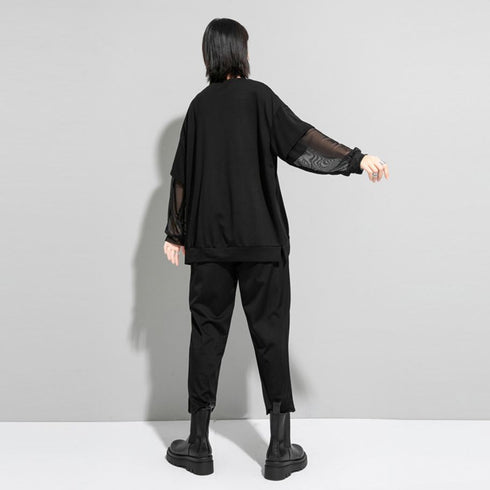 Tメッシュ仕様アシンメトリー長袖Tシャツ/カットソー ファスナー 黒 ブラック /レディース モレビー|モード系ファッションブランド