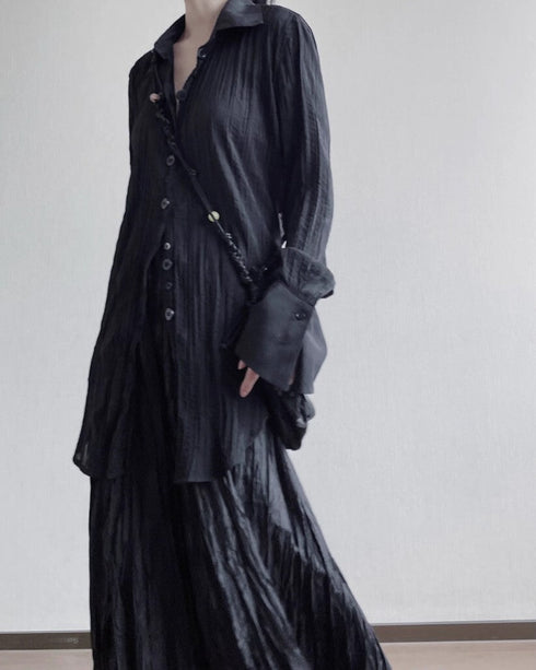 中性的 シワ加工モダンロングシャツ ホワイト ブラック /ユニセックス ・メンズ モレビー|モード系ファッションブランド