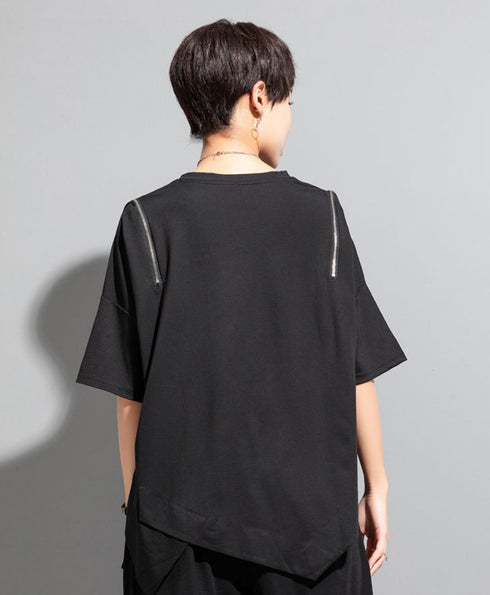 アシンメトリー半袖Tシャツ/カットソー ブラック ホワイト /レディース モレビー|モード系ファッションブランド