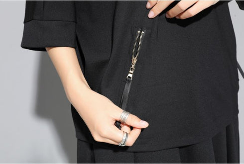 ファスナー付き七分袖Tシャツ/カットソー 黒 ブラック /ユニセックス モレビー|モード系ファッションブランド