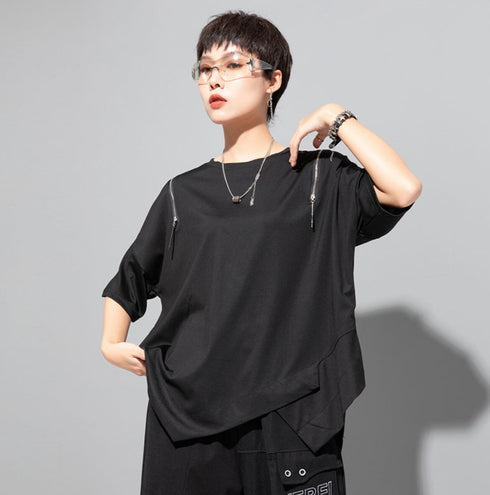 アシンメトリー半袖Tシャツ/カットソー ブラック ホワイト /レディース モレビー|モード系ファッションブランド