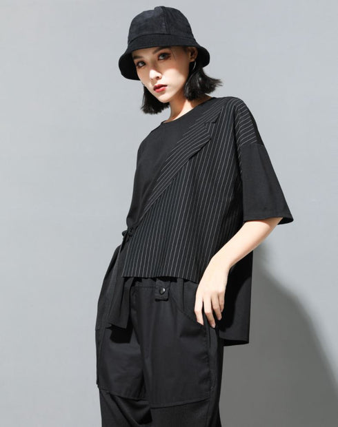 五分袖Tシャツ/カットソー ストライプ アシンメトリー /ユニセックス モレビー|モード系ファッションブランド