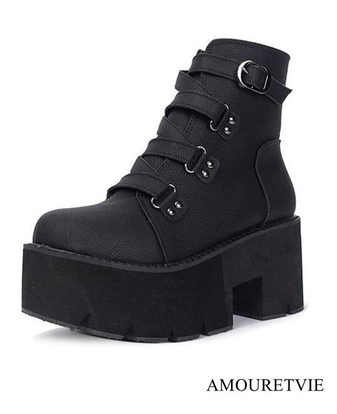 レザーブーツ ショートブーツ 防水 厚底 バックル 黒 ブラック ブラウン /レディース モレビー|モード系ファッションブランド