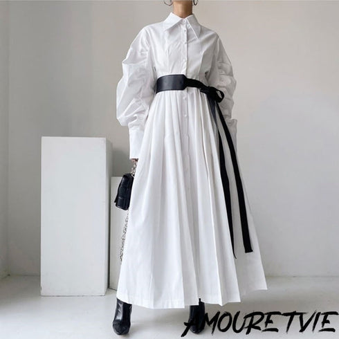 ベルト付きロングワンピース ランタンスリーブ パフスリーブ ホワイト ブルー /レディース モレビー|モード系ファッションブランド