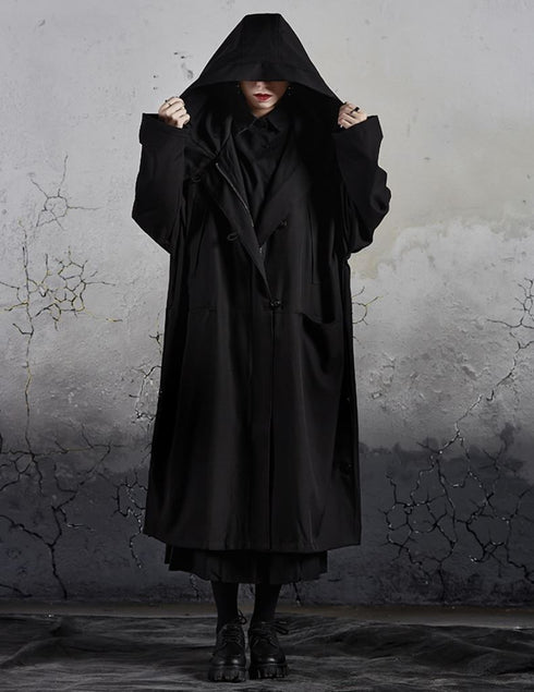 モダンブラックロングコート フード付き /ユニセックス ・メンズ モレビー|モード系ファッションブランド