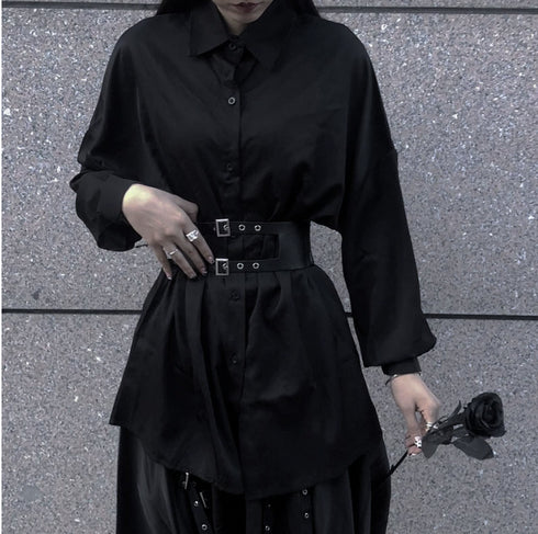 中性的 長袖シャツ ロングスカート ベルト付き ブラック ゴシック /ユニセックス ・メンズ モレビー|モード系ファッションブランド