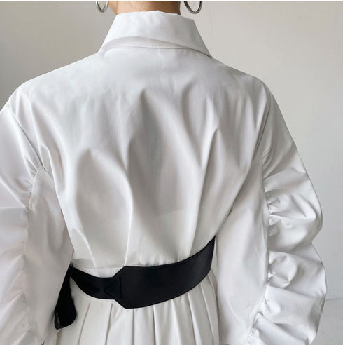 ベルト付きロングワンピース ランタンスリーブ パフスリーブ ホワイト ブルー /レディース モレビー|モード系ファッションブランド