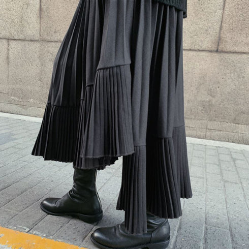 レイヤード風アシンメトリープリーツロングスカート ブラック 黒 /レディース モレビー|モード系ファッションブランド