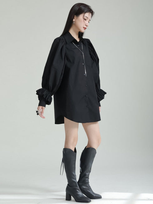 プリーツロングシャツ/ブラウス パフスリーブ ランタンスリーブ /レディース モレビー|モード系ファッションブランド