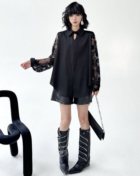 袖レースモダンブラックシャツ /レディース モレビー|モード系ファッションブランド