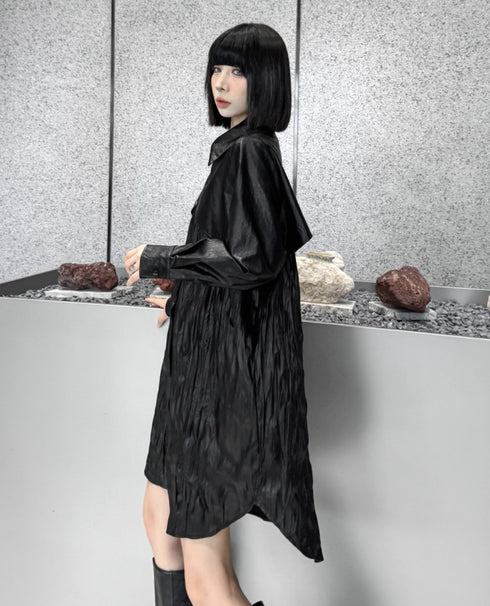 クリンクルしわ加工モダンレザーロングシャツ/ブラウス シック おしゃれ /レディース モレビー|モード系ファッションブランド