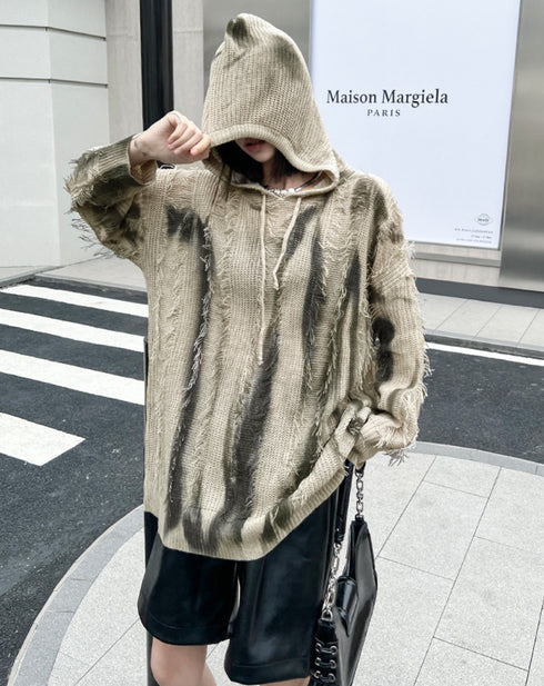 ストライプ調ダメージ加工ニットパーカー/スウェット /レディース モレビー|モード系ファッションブランド