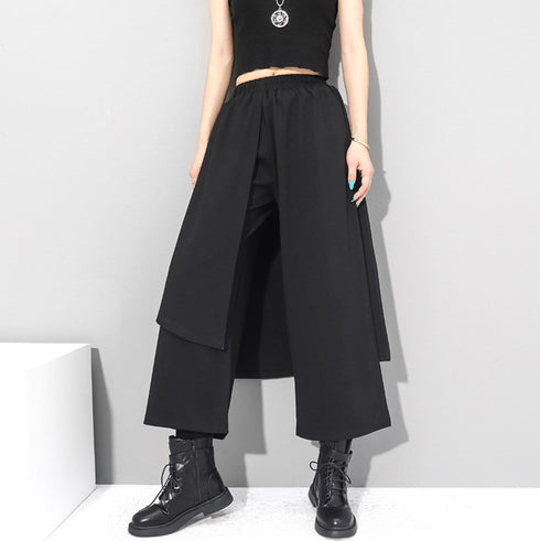 中性的 アシンメトリー袴パンツ フェイクレイヤード ブラック 9分丈 /ユニセックス ・メンズ モレビー|モード系ファッションブランド