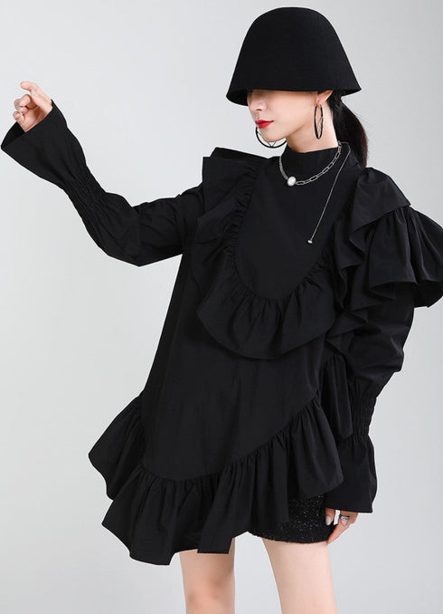 プリーツフリルロングシャツ/ブラウス アシンメトリー ブラック ホワイト /レディース モレビー|モード系ファッションブランド