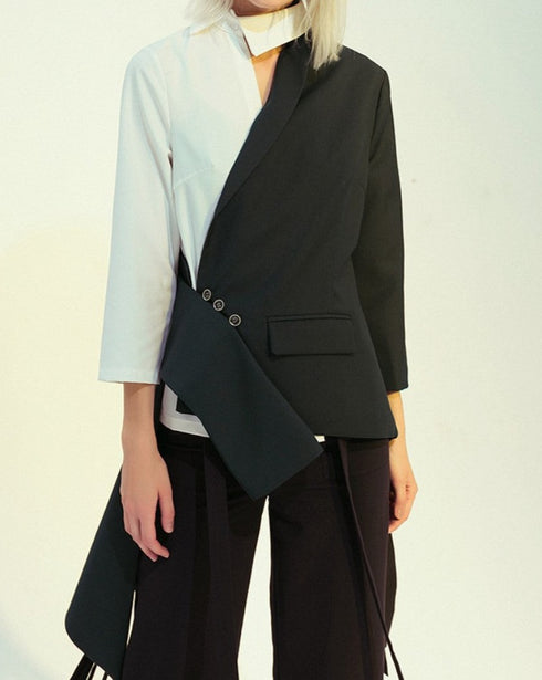 バイカラーアシンメトリージャケット モノトーン白黒スーツ /レディース モレビー|モード系ファッションブランド
