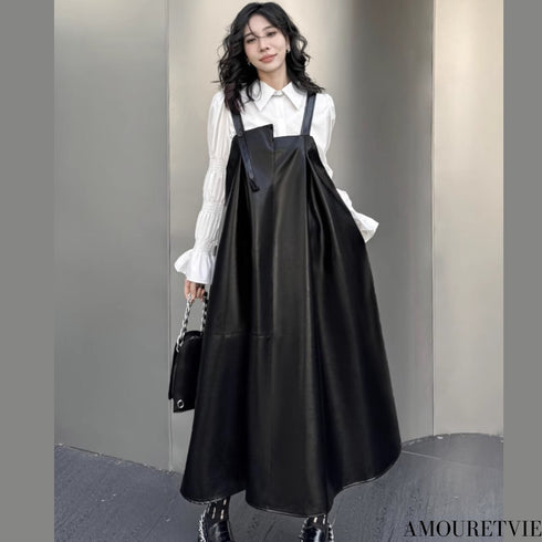 Aラインレザーサロペット ブラック /レディース モレビー|モード系ファッションブランド