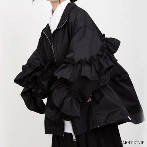 バブルスリーブフリルブルゾン ジャケット 黒 ブラック /レディース モレビー|モード系ファッションブランド