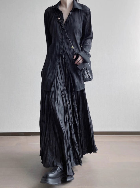 中性的 シワ加工モダンロングシャツ ホワイト ブラック /ユニセックス ・メンズ モレビー|モード系ファッションブランド
