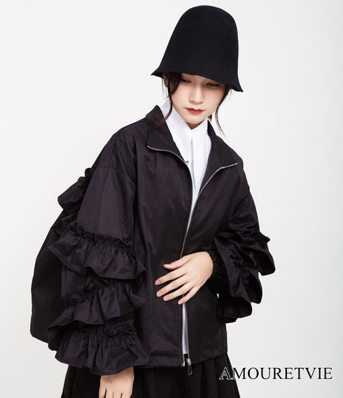 バブルスリーブフリルブルゾン ジャケット 黒 ブラック /レディース モレビー|モード系ファッションブランド