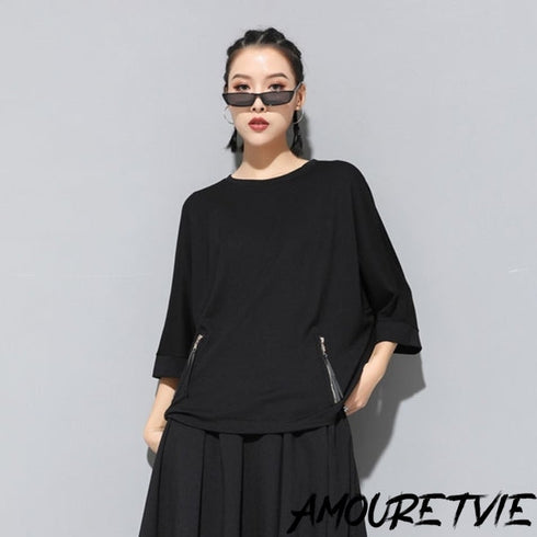 ファスナー付き七分袖Tシャツ/カットソー 黒 ブラック /ユニセックス モレビー|モード系ファッションブランド