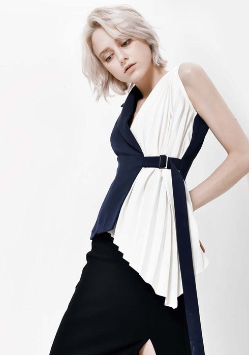 バイカラーアシンメトリーモダンシャツ プリーツシャツノースリーブ /レディース モレビー|モード系ファッションブランド