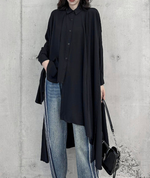 アシンメトリーモダンブラックロングシャツ /レディース モレビー|モード系ファッションブランド