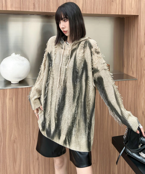 ストライプ調ダメージ加工ニットパーカー/スウェット /レディース モレビー|モード系ファッションブランド