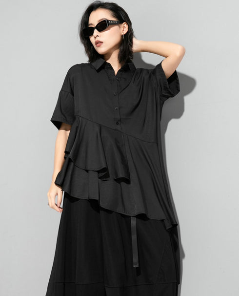 プリーツ仕様アシンメトリーロングシャツ /レディース モレビー|モード系ファッションブランド