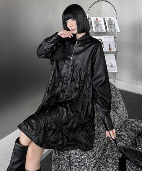 クリンクルしわ加工モダンレザーロングシャツ/ブラウス シック おしゃれ /レディース モレビー|モード系ファッションブランド
