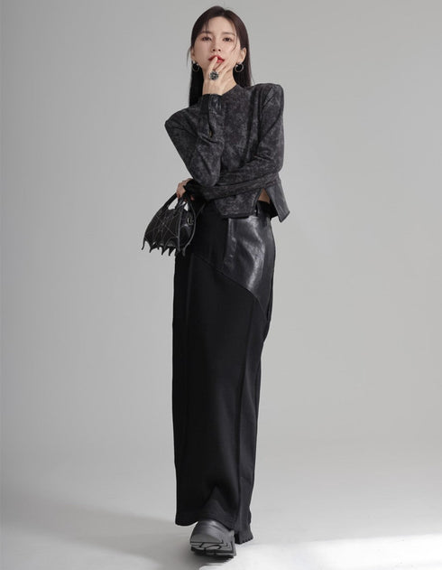 アシンメトリーレザーロングスカート パッチワーク /レディース モレビー|モード系ファッションブランド