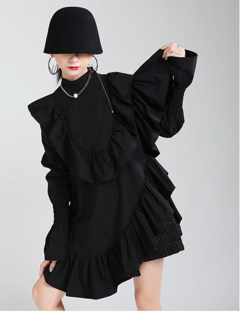 プリーツフリルロングシャツ/ブラウス アシンメトリー ブラック ホワイト /レディース モレビー|モード系ファッションブランド