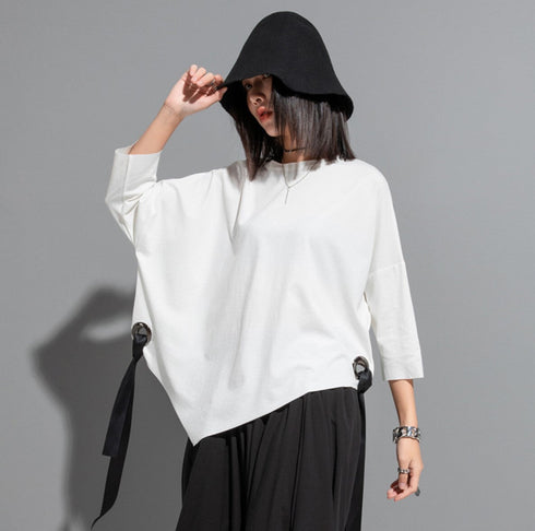 ヘムアシンメトリー七分袖Tシャツ/カットソー ホワイト ブラック /レディース モレビー|モード系ファッションブランド