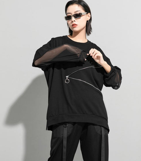 Tメッシュ仕様アシンメトリー長袖Tシャツ/カットソー ファスナー 黒 ブラック /レディース モレビー|モード系ファッションブランド