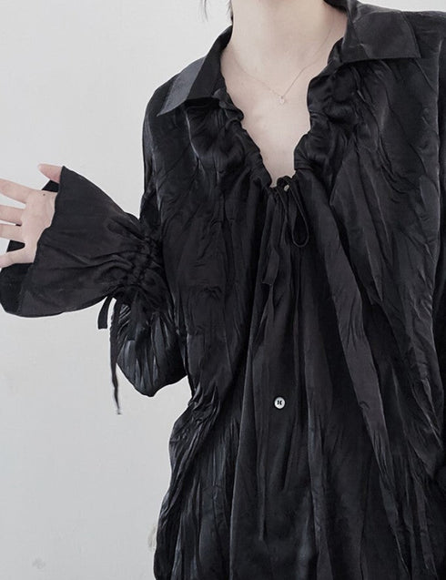 しわ加工長袖ロングシャツ/ブラウス おしゃれ クリンクル 無地 /ユニセックス モレビー|モード系ファッションブランド