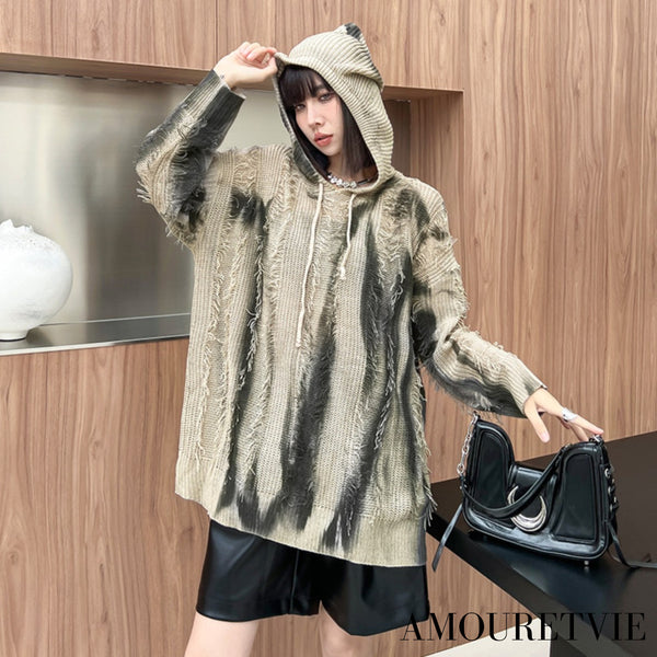 ストライプ調ダメージ加工ニットパーカー/スウェット /レディース モレビー|モード系ファッションブランド