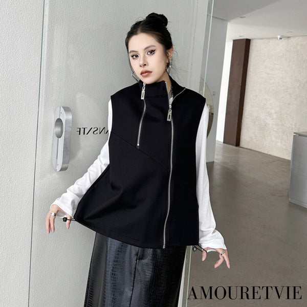 アシンメトリーファスナースタイルブラックベスト /レディース モレビー|モード系ファッションブランド