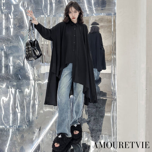 アシンメトリーモダンブラックロングシャツ /レディース モレビー|モード系ファッションブランド