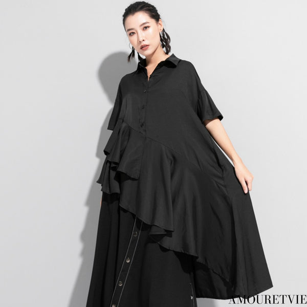 プリーツ仕様アシンメトリーロングシャツ /レディース モレビー|モード系ファッションブランド