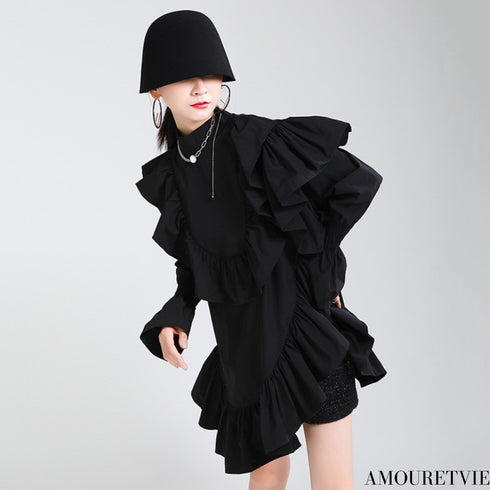 プリーツフリルロングシャツ/ブラウス アシンメトリー ブラック ホワイト /レディース モレビー|モード系ファッションブランド