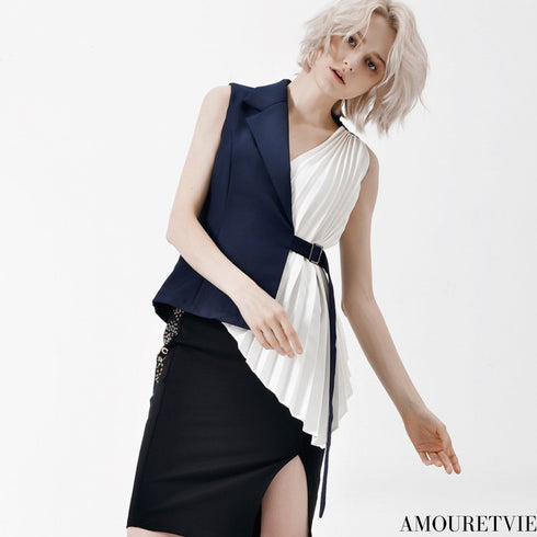 バイカラーアシンメトリーモダンシャツ プリーツシャツノースリーブ /レディース モレビー|モード系ファッションブランド