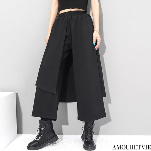中性的 アシンメトリー袴パンツ フェイクレイヤード ブラック 9分丈 /ユニセックス ・メンズ モレビー|モード系ファッションブランド