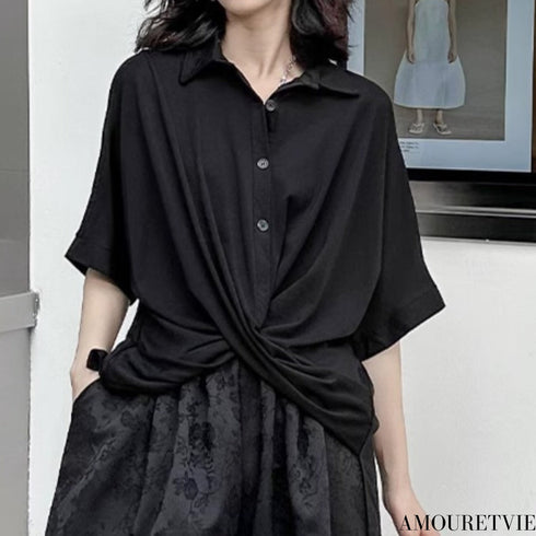 クロスヘム半袖シャツ/ブラウス ブラック /レディース モレビー|モード系ファッションブランド