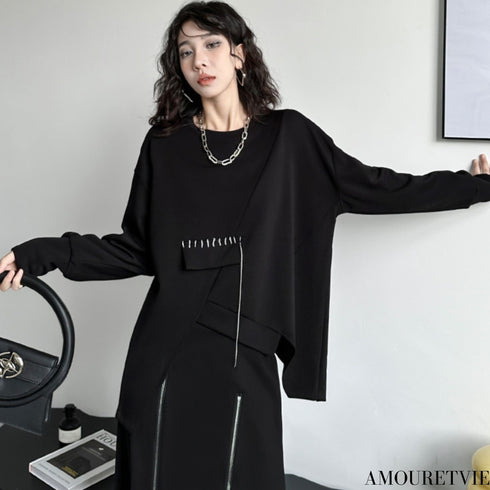アシンメトリーデザインブラックスウェット/トレーナー おしゃれ /レディース モレビー|モード系ファッションブランド