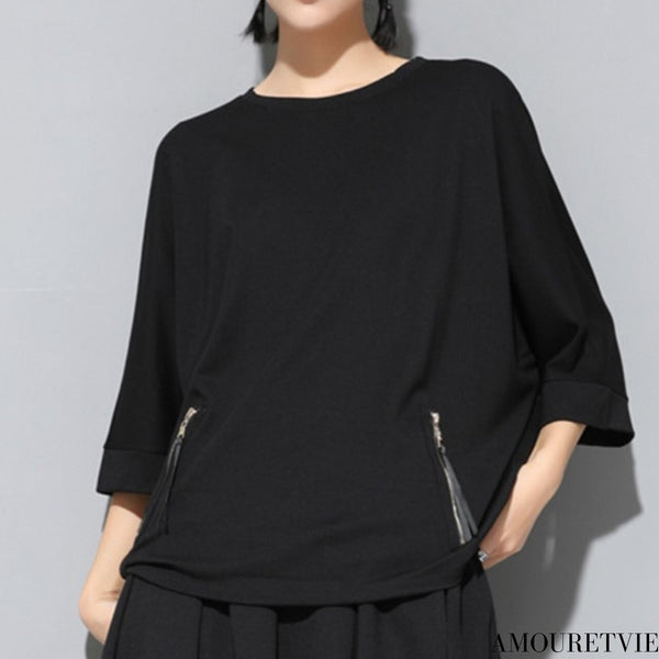 ファスナー付き七分袖Tシャツ/カットソー 黒 ブラック /ユニセックス モレビー|モード系ファッションブランド