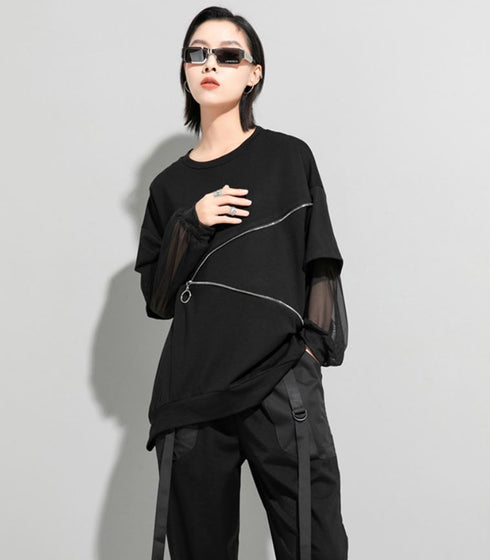 Tメッシュ仕様アシンメトリー長袖Tシャツ/カットソー ファスナー 黒 ブラック /レディース モレビー|モード系ファッションブランド