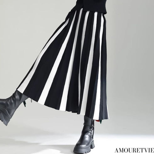 ストライプモノトーンニット白黒ロングスカート /レディース モレビー|モード系ファッションブランド