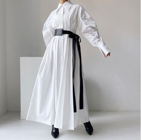 ベルト付きロングワンピース ランタンスリーブ パフスリーブ ホワイト ブルー /レディース モレビー|モード系ファッションブランド