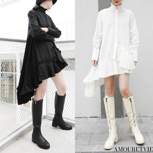 ミディ丈プリーツ仕様アシンメトリーワンピース フリル /レディース モレビー|モード系ファッションブランド